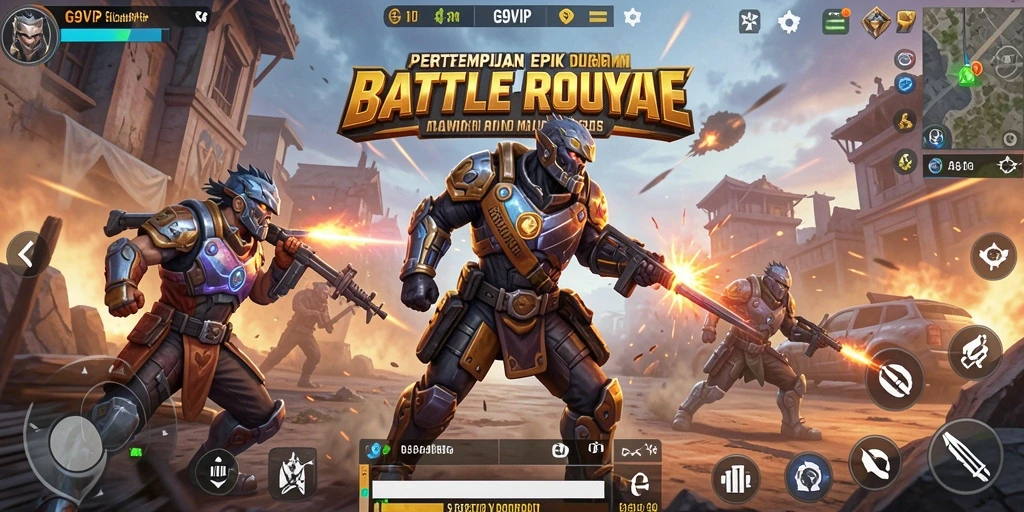 Screenshot utama G9VIP menampilkan gameplay intens Battle Royale.